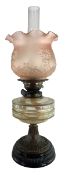 A VICTORIAN 19TH CENTURY GLASS OIL LAMP & SHADE