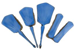5 PIECE SET OF 20Th CENTURY BLUE GUILLOCHE ENAMEL DRESSING TABLE SET BY ADIE BROTHERS