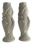 PAIR OF VICTORIAN 19TH CENTURY GLAZED PARIAN WARE VASES SHAPED AS HANDS HOLDING CORNCOBS