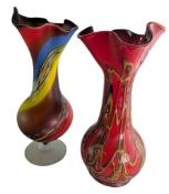 A PAIR OF 20TH CENTURY COLOURED LARGE MURANO STYLE GLASS HANDKERCHIEF VASES