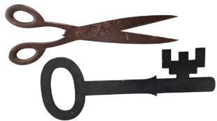 A PAIR OF LARGE CARVED WOOD ADVERTISING KEY AND SCISSORS