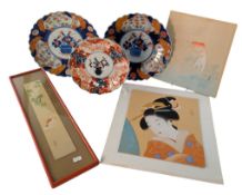 THREE 19TH CENTURY IMARI CHARGERS AND THREE JAPANESE PAINTINGS ON SILK