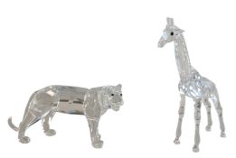 SWAROVSKI - PAIR OF SILVER CRYSTAL ORNAMENTS, TO INCLUDE A TIGER & A GIRAFFE