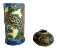 A 20TH CENTURY CREAM AND BLUE FISH VASE AND AN INKWELL