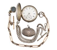 HALLMARKED SILVER POCKET WATCH, CHAIN LOCKET & GILDED METAL CHAIN