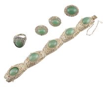 CHINESE SILVER & JADE BRACELETS & RINGS SET