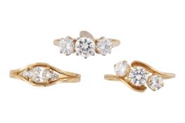 THREE HALLMARKED 14CT GOLD THREE STONE RINGS