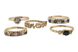 COLLECTION OF FIVE HALLMARKED 9CT GOLD GEM SET RINGS RINGS AF