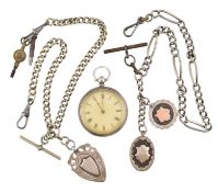 935 SILVER OPEN FACE POCKET WATCH WITH FOBS & CHAINS AF