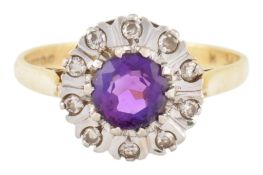 HALLMARKED 18CT GOLD AMETHYST & DIAMOND CLUSTER RING