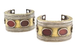 TURKMEN TRIBAL ETHNIC WHITE METAL & CARNELIAN STONE CUFF BANGLES
