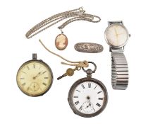 COLLECTION OF SILVER & WHITE METAL JEWELLERY & POCKET WATCHES