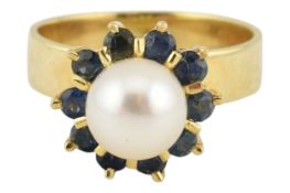 14CT GOLD SAPPHIRE & PEARL CLUSTER RING
