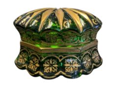 EARLY 20TH CENTURY GILT & GREEN GLASS POWDER POT