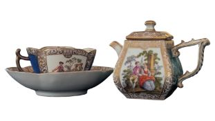 19TH CENTURY DRESDEN TEACUP & SAUCER & 19TH CENTURY TEAPOT
