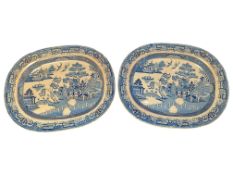 TWO 19TH CENTURY STAFFORDSHIRE IRONSTONE CHINA OLD WILLOW MEAT PLATTERS