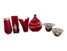 COLLECTION OF 20TH CENTURY VINTAGE SIX STUDIO GLASS VASES & BOWLS