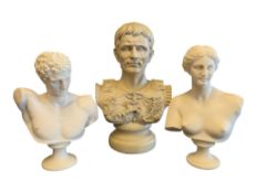 TWO LATE 20TH CENTURY ALABASTER CLASSICAL BUSTS & A RESIN EXAMPLE