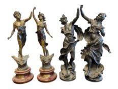 AFTER MOREAU - FOUR LATE 19TH / EARLY 20TH CENTURY BRONZED SPELTER FIGURES