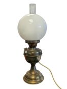 19TH CENTURY BRASS OIL LAMP W/ OPALINE GLASS SHADE & CHIMNEY