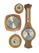 FOUR LATE 20TH CENTURY VINTAGE TEAK WOOD MOUNTED BAROMETERS