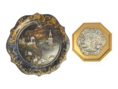 19TH CENTURY PAPIER MACHE ABALONE INLAID TRAY W/ FRAMED CHINESE EMBROIDERY