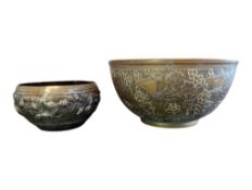 TWO LATE 19TH CENTURY INDIAN BRASS & SILVERED METAL ANIMAL ENGRAVED POTS / BOWLS
