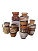 WEST GERMAN POTTERY - SIX VINTAGE CERAMIC VASES