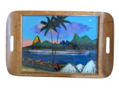 MID CENTURY RIO DE JANEIRO WOODEN SERVING TRAY W/ BUTTERFLY WING DECORATION