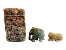 CHINESE DRAGON STONE PENDANT W/ JADE ELEPHANT & TEMPLE DOG