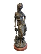AFTER AUG MOREAU - LATE 19TH CENTURY PREMIERES FLEURS BRONZED SPELTER FIGURE ON STAND