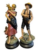 TWO EARLY 20TH CENTURY LARGE SPELTER FIGURES OF A FARMER MAN & WOMAN