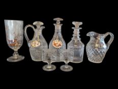 COLLECTION OF GEORGE III & VICTORIAN GLASS DECANTERS, VASE, JUG, & GLASSES