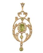 1980S 9CT GOLD ART NOUVEAU STYLE PERIDOT & PEARL PENDANT
