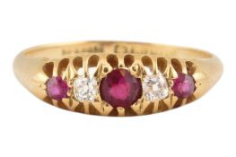 EARLY 20TH CENTURY HALLMARKED 18CT GOLD RUBY & DIAMOND GYPSY RING