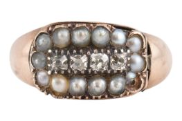 19TH CENTURY VICTORIAN GOLD PEARL & DIAMOND CLUSTER RING