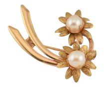 ITALIAN 18CT GOLD & CULTURED PEARL FLOWER BROOCH PIN