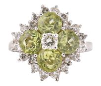 18CT WHITE GOLD DIAMOND & PERIDOT CLUSTER RING