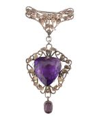 ARTS & CRAFTS SILVER AMETHYST HEART BROOCH PIN