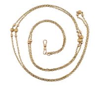 EARLY 20TH CENTURY 15CT GOLD LONG GUARD MUFF CHAIN NECKLACE