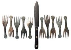 VINTAGE HAND CARVED HORN APPETISER SET - KNIFE & 10 HORS D'OEUVRE FORKS