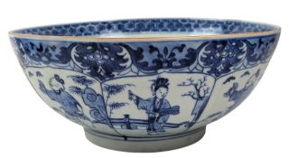 QING DYNASTY KANGXI/ZHONGZHENG BLUE & WHITE 'FIGURINE' BOWL 康雍 青花莲花瓣戏婴美人赏月大盌
