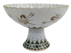 CHINESE FAMILLE ROSE 'CRANE' STEM DISH / ALTAR OFFERING PLATE 粉彩百条云鹤纹供盌