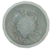 LARGE CHINESE LONGQUAN TYPE CELADON GLAZED DRAGON BOWL 龙泉青釉龙纹大盌