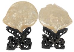 PAIR OF 19TH CENTURY CHINESE CARVED MOTHER OF PEARL ON STANDS 清 珍珠贝母雕刻带原座