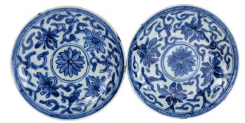PAIR OF CHINESE QING DYNASTY BLUE & WHITE 'FLORAL' SAUCERS 清 青花花卉碟一对