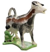19TH CENTURY SPONGEWARE COW CREAMER WITH MILKMAID