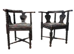 PAIR OF 19TH CENTURY OAK & NEEDLEPOINT UPHOLSTERED CORNER CHAIRS