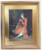 HENRY MEYNELL RHEAM (1859-1920) - WOMAN IN RED DRESS WITH CRYSTAL WATERCOLOUR