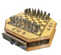HELENA WOOD ART HEXAGONAL CHESS BOARD WITH METAL PIECES.